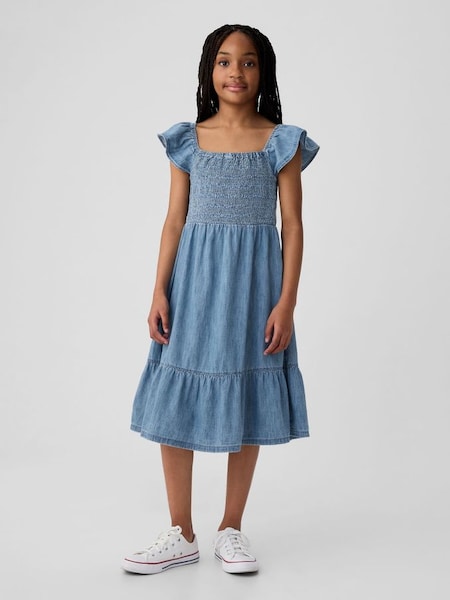 Medium Wash Cotton Smocked Flutter Sleeve Midi Dress (4-13yrs) (K75463) | £30