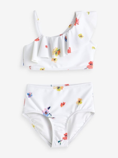 White Floral Asymmetric Ruffle Bikini (4-12yrs) (K75465) | £25
