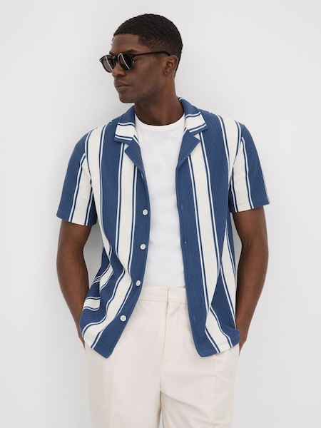 Slim Fit Ribbed Cuban Collar Shirt in Airforce Blue/White (K76099) | £88