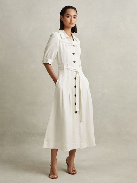 Belted Cap Sleeve Midi Dress in White (K76106) | £188