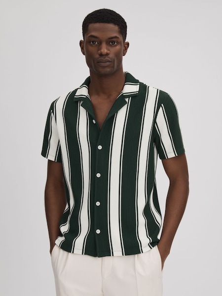 Slim Fit Ribbed Cuban Collar Shirt in Green/White (K76116) | £88