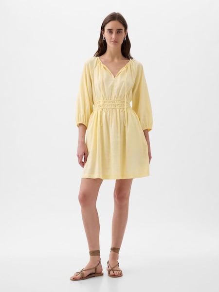 Yellow Linen Cotton Long Sleeve Shirred Waist Mini Dress (K78137) | £40