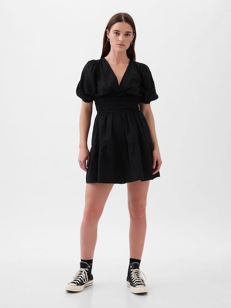 Black Puff Sleeve Smocked Mini Dress (K78157) | £40