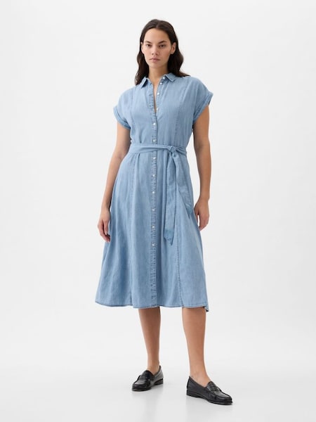 Blue Denim Tie Waist Midi Shirt Dress (K78166) | £60