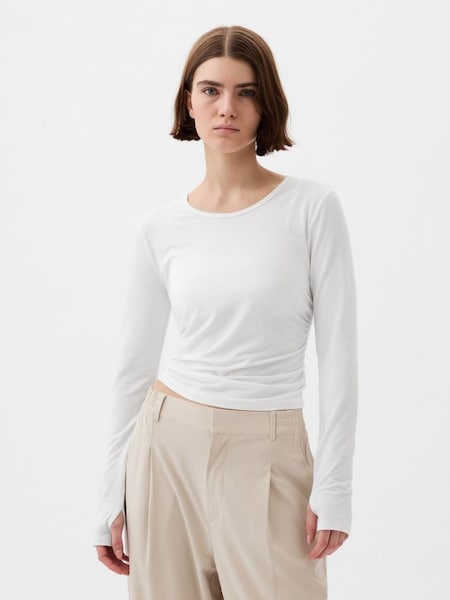 White Breathe Ruched Cropped Long Sleeve Crew Neck T-Shirt (K78172) | £25