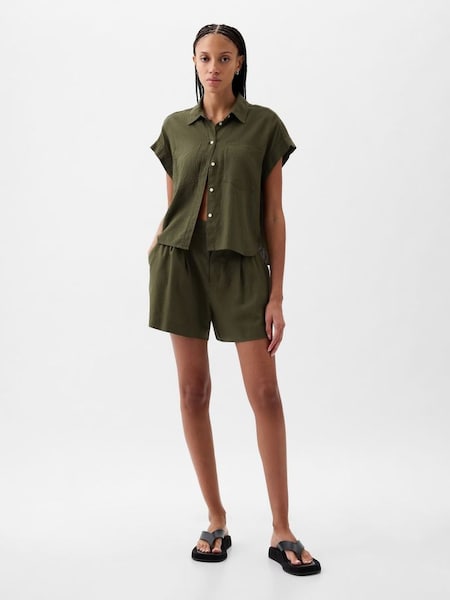 Olive Green Linen-Blend Short Sleeve Cropped Shirt (K78183) | £35