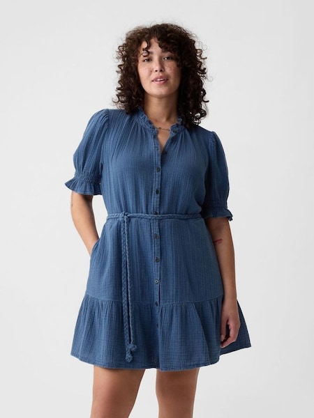 Blue Denim-Look Crinkle Tiered Mini Dress (K78186) | £40