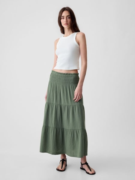 Green Crinkle Cotton Pull On Maxi Skirt (K78189) | £40