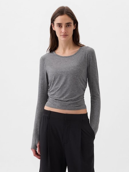 Grey Breathe Ruched Cropped Long Sleeve Crew Neck T-Shirt (K78190) | £25