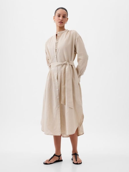 Neutral Linen Blend Long Sleeve Shirt Dress (K78193) | £60