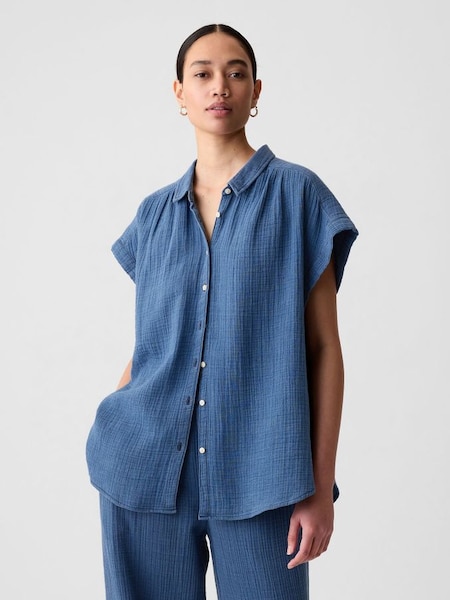 Blue Crinkle Cotton Short Sleeve Shirt (K78196) | £30