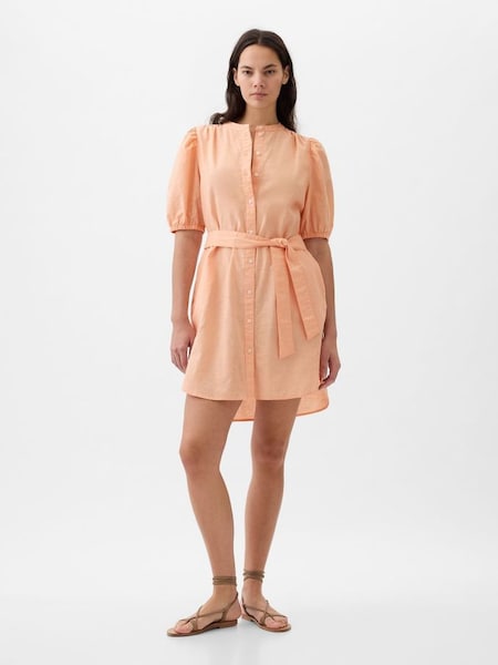Orange Linen Blend Short Puff Sleeve Mini Shirt Dress (K78197) | £55