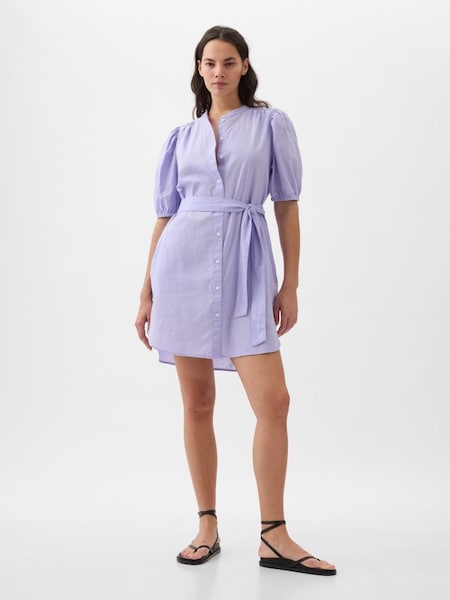 Purple Linen Blend Short Puff Sleeve Mini Shirt Dress (K78198) | £55