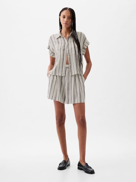 Neutral Stripe Linen-Blend Short Sleeve Cropped Shirt (K78205) | £35