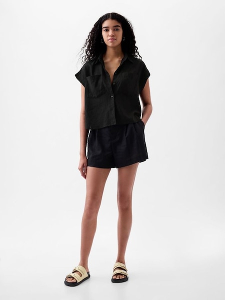 Black Linen-Blend Short Sleeve Cropped Shirt (K78211) | £35