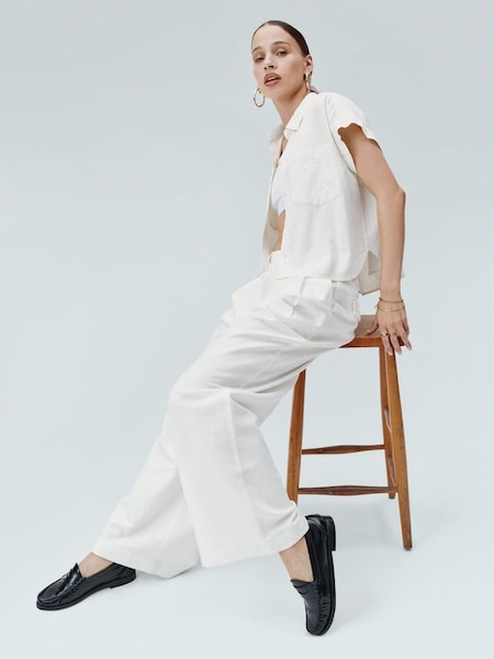 White Linen-Blend Short Sleeve Cropped Shirt (K78214) | £35