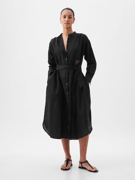 Black Linen Blend Long Sleeve Shirt Dress (K78224) | £60