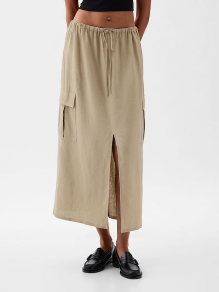 Natural Linen Cotton Uitlity Pocket Midi Skirt (K78242) | £45