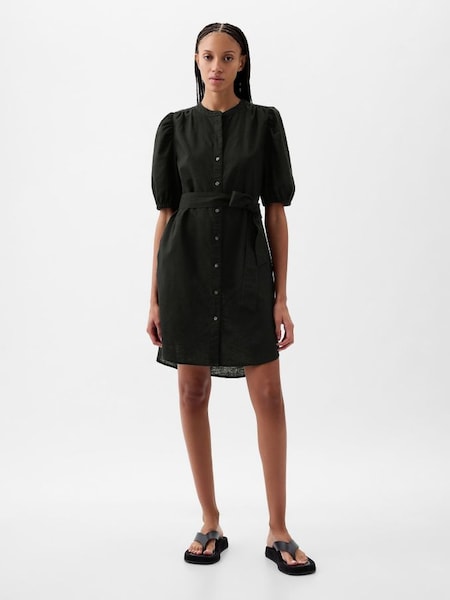Black Linen Blend Short Puff Sleeve Mini Shirt Dress (K78246) | £55