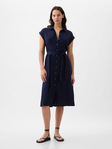 Navy Blue Linen-Blend Tie Waist Midi Shirt Dress (K78249) | £50