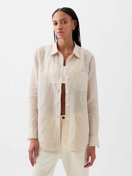 Neutral Stripe Linen Long Sleeve Oversized Shirt (K78260) | £50