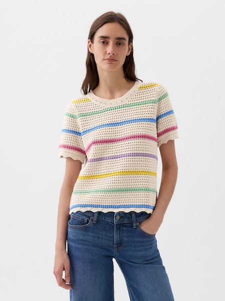 Cream Stripe Crochet Crew Neck Short Sleeve Knit Jumper (K78271) | £40