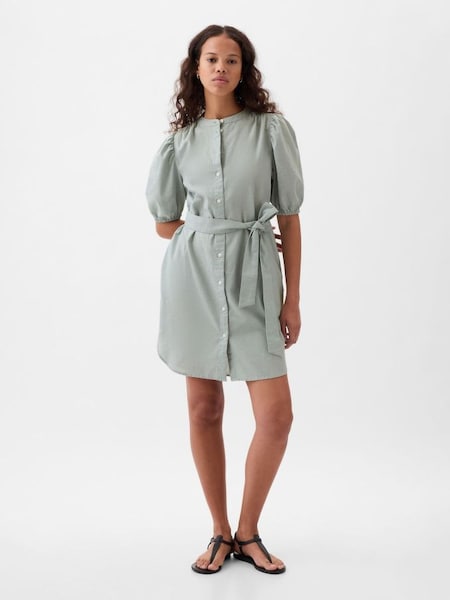 Green Linen Blend Short Puff Sleeve Mini Shirt Dress (K78279) | £55