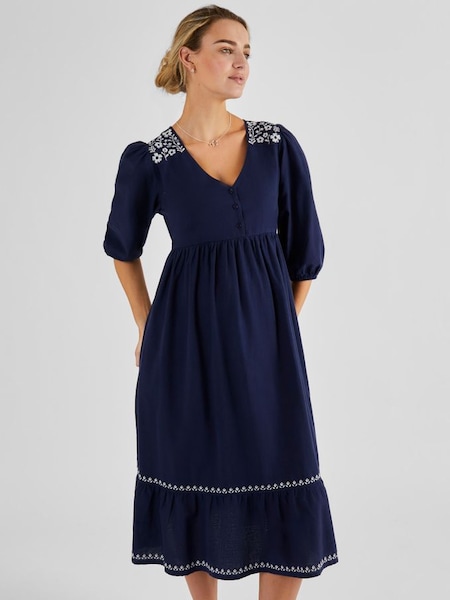 Navy Linen Blend Embroidered Maternity Dress (K79456) | £44