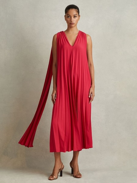 Pleated Cape Sleeve Midi Dress in Coral (K80820) | £298