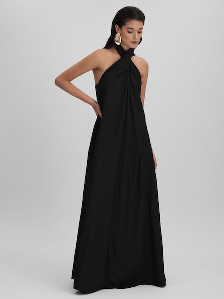 Taffeta Halter Neck Maxi Dress in Black (K80822) | £298