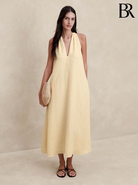 Banana Republic Yellow Pauline Linen Sleeveless V-Neck Midi Dress (K81113) | £145