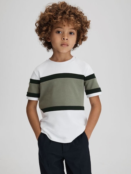 Junior Cotton Colourblock Crew Neck T-Shirt in Green (K81429) | £14