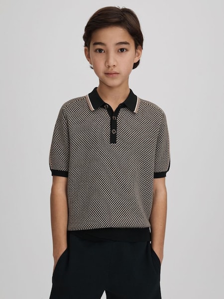 Junior Geometric Design Knitted Polo Shirt in Hunting Green (K81447) | £38