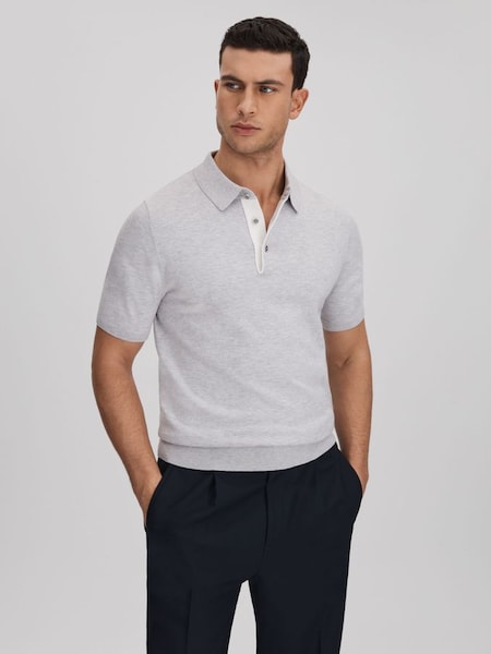 Cotton Blend Contrast Polo Shirt in Soft Grey (K81455) | £78