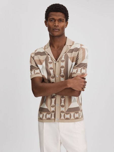 Knitted Cuban Collar Shirt in Camel Multi (K81496) | £128