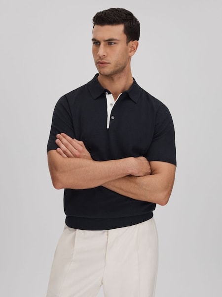 Cotton Blend Contrast Polo Shirt in Navy (K81504) | £78