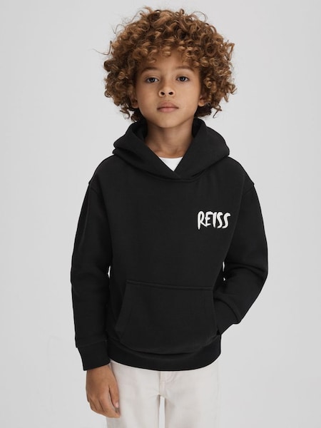 Junior Cotton Relaxed Motif Hoodie in Washed Black (K81512) | £36