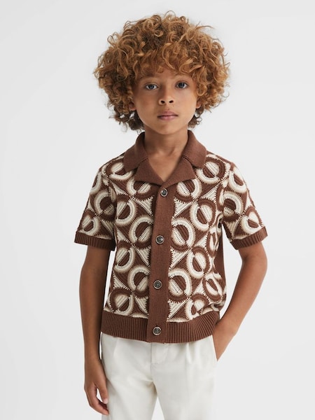 Junior Knitted Cuban Collar Shirt in Tobacco (K81527) | £58