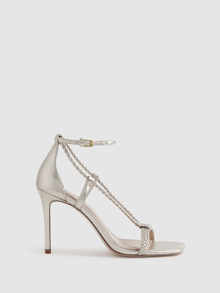 Leather Plaited Strappy Heeled Sandals in Gold (K81530) | £168