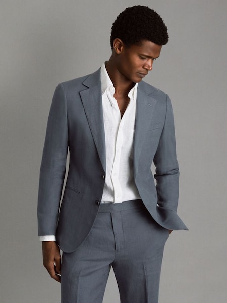 Slim Fit Single Breasted Linen Blazer in Airforce Blue (K81788) | £298