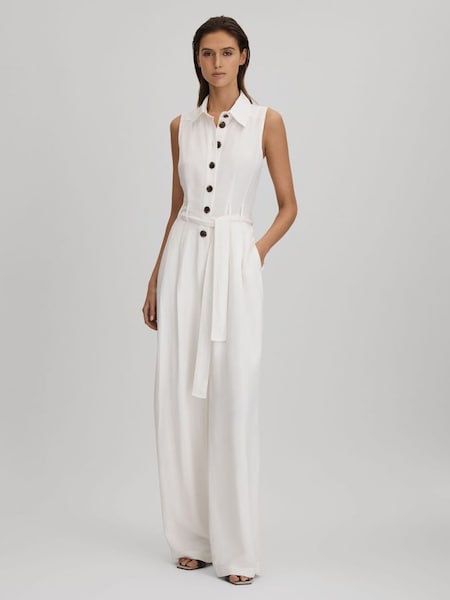 Belted Wide Leg Jumpsuit in White (K83094) | £198