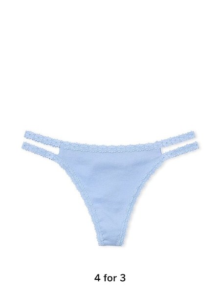 Harbor Blue Lace Trim Rib Strappy Thong Knickers (K86363) | £9