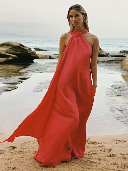 Linen Blend Drape Maxi Dress in Coral (K87081) | £248