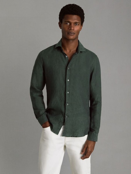 Linen Button-Through Shirt in Dark Green (K87092) | £98