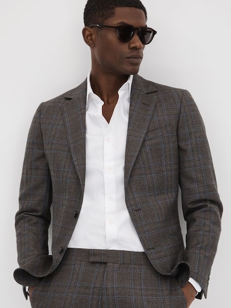 Slim Fit Wool Single Breasted Check Blazer in Brown Multi (K87111) | £228
