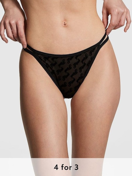 Pure Black Thong Flocked Mesh Strappy Knickers (K89099) | £9
