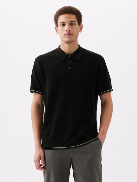 Black Textured Jumper Short Sleeve Polo Shirt (K90418) | £30
