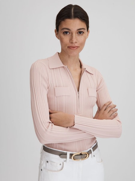 Ribbed Half-Zip Fitted Top in Nude (K90560) | £128