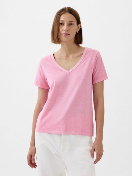 Pink Organic Cotton Vintage Short Sleeve V Neck T-Shirt (K90652) | £18