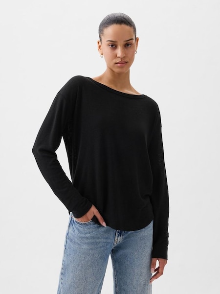 Black Linen Blend Long Sleeve Boatneck T-Shirt (K90659) | £25